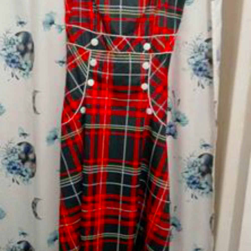 Plaid Button Embellished Sleeveless Rockabilly Style Dress